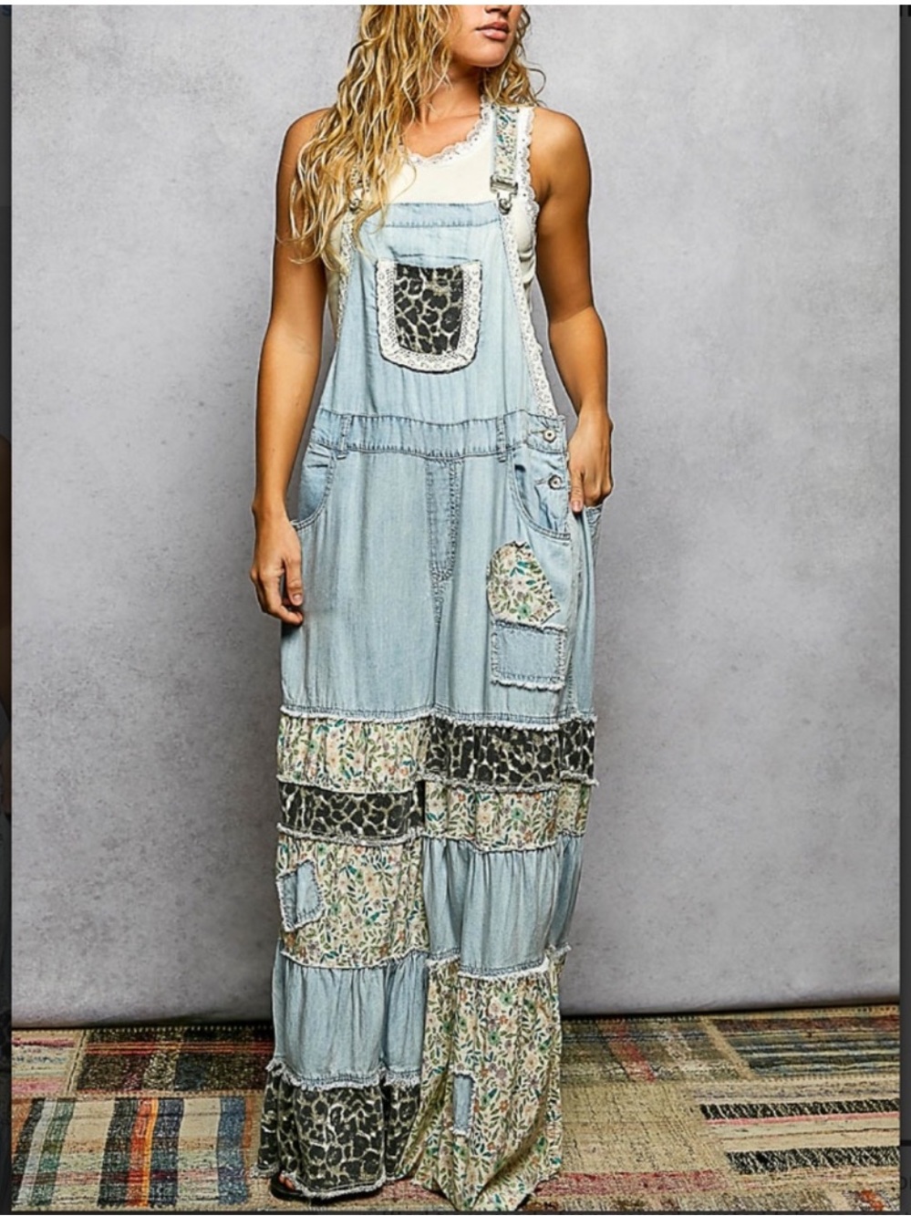 New: POL Light Wash Denim Tiered Mixed Patchwork Wide Leg Jumper Overalls• M